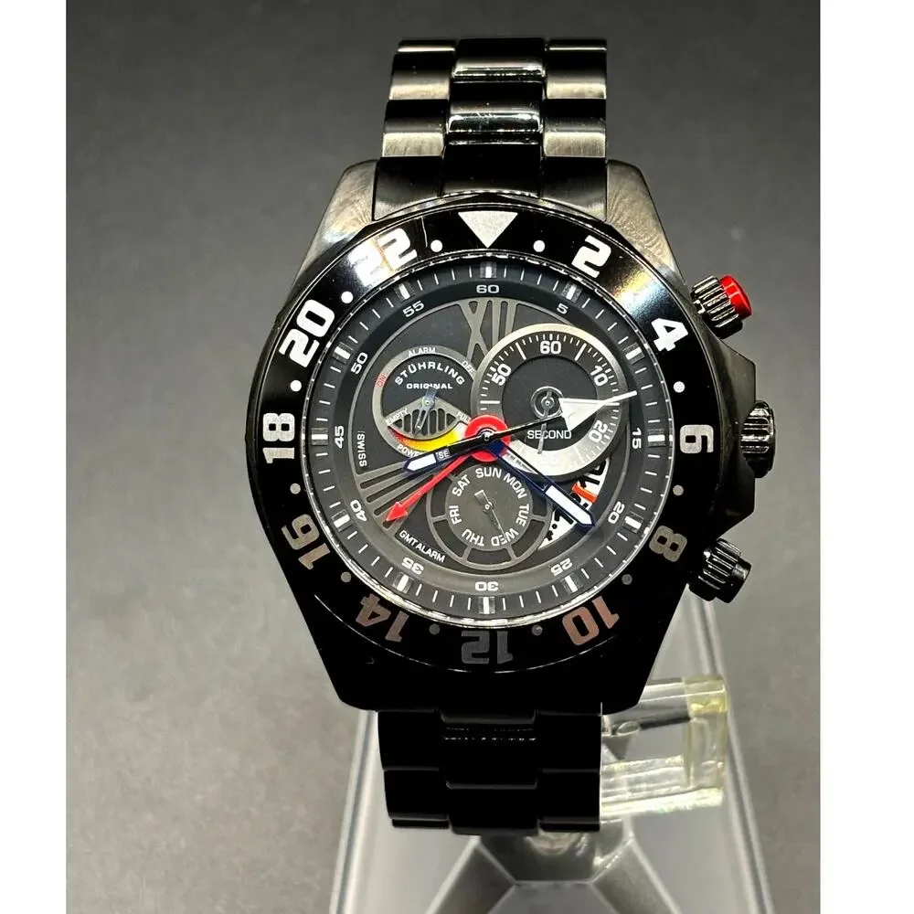 Stührling Original Nautico 287 GMT Swiss Quartz 46mm Black PVD Diver Watch